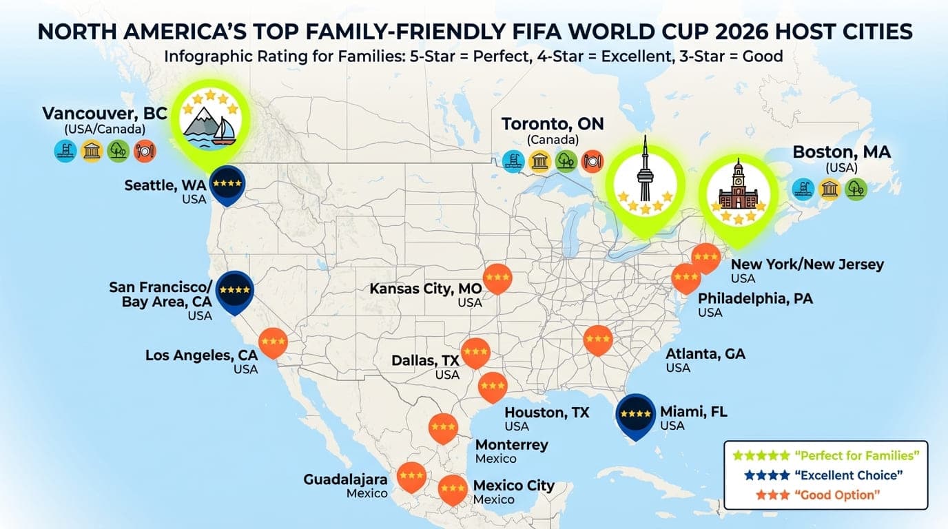 Map of North America showing World Cup 2026 host cities with family-friendly ratings: Toronto, Boston, and Vancouver highlighted with 5 stars; Seattle, Miami, San Francisco with 4 stars