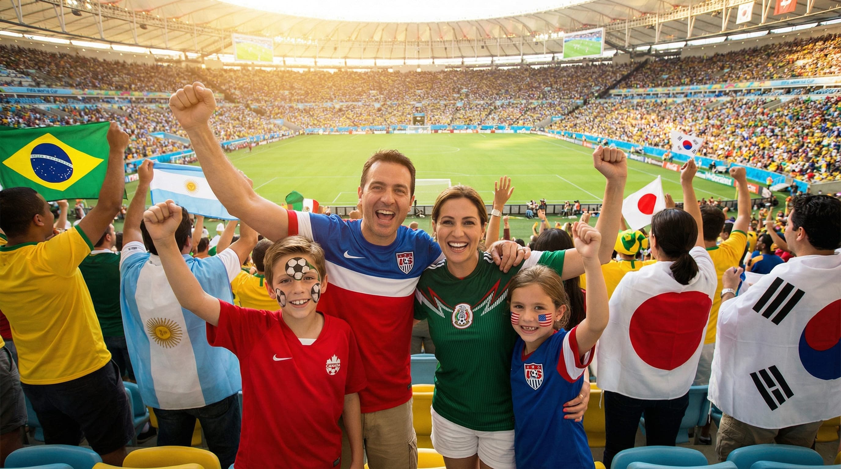 Happy family of four with two kids wearing colorful team jerseys, celebrating at World Cup stadium with flags and face paint, surrounded by diverse crowd of fans