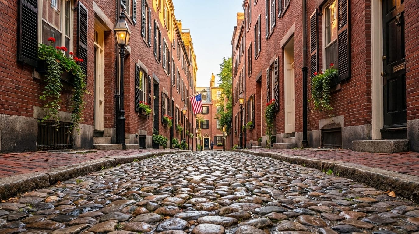 Historic cobblestone Acorn Street in Beacon Hill at sunrise
