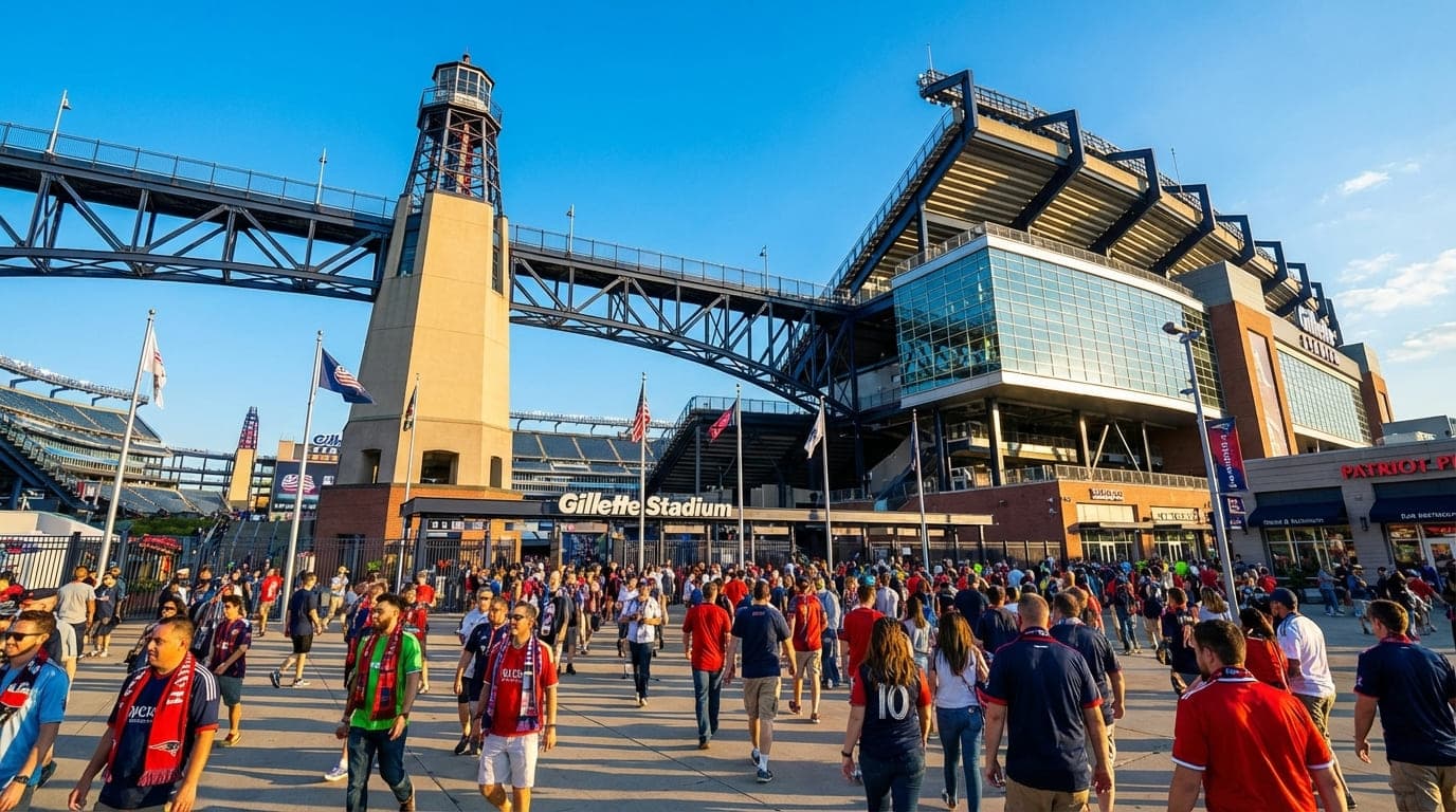 Gillette Stadium exterior with iconic lighthouse tower on match day