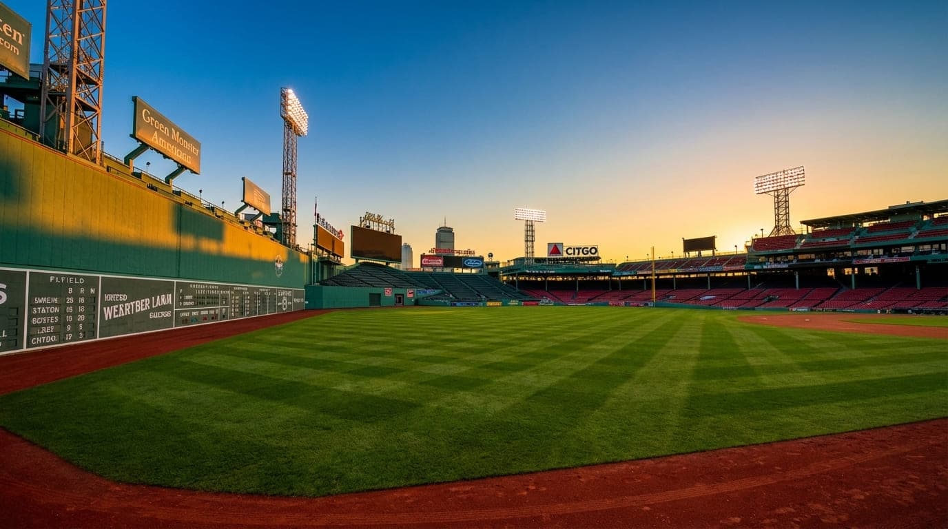 Fenway Park interior showing the Green Monster at golden hour