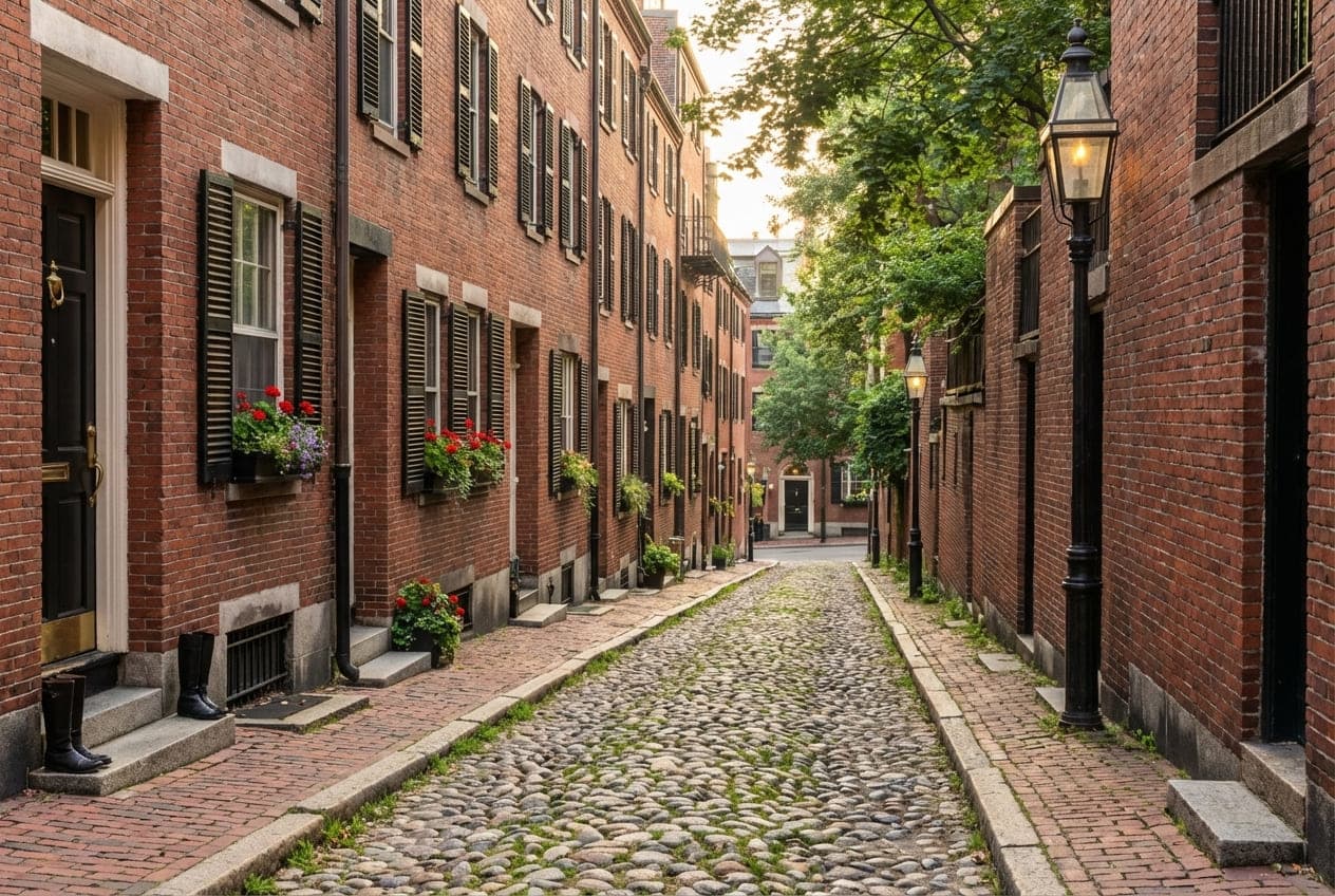 Cobblestone Acorn Street with historic gas lamps and brick townhouses in Boston's Beacon Hill