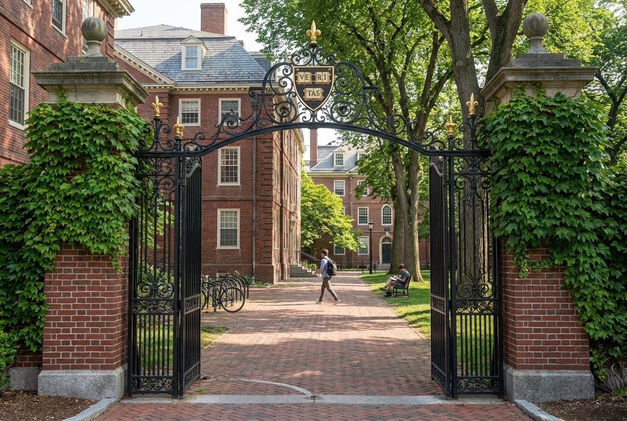 Harvard Yard Johnston Gate entrance with red brick and ivy