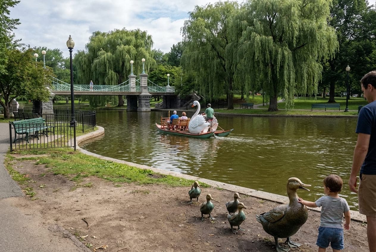 Swan boats on lagoon in Boston Public Garden with willow trees
