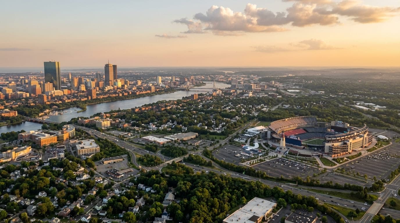 Boston skyline with Fenway Park and Gillette Stadium, fans celebrating with flags