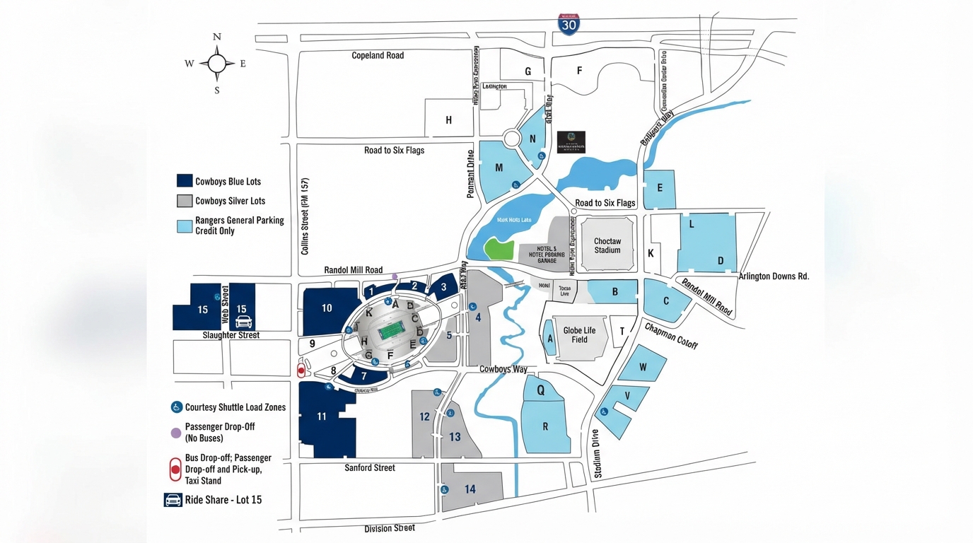 Official AT&T Stadium parking map for World Cup 2026 in Arlington, Texas — showing Cowboys Blue Lots, Silver Lots, Rangers General Parking, rideshare pickup at Lot 15, shuttle load zones, and bus drop-off locations around Collins Street and Cowboys Way