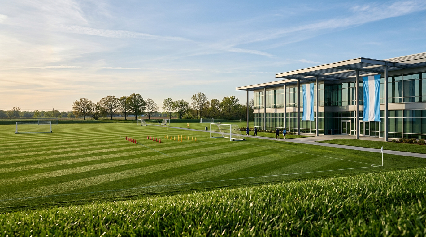 Professional football training facility with immaculate grass pitches — Compass Minerals National Performance Center Argentina base camp Kansas City 2026