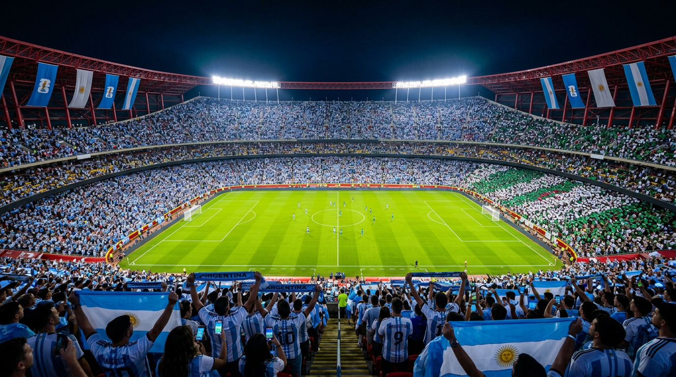 Packed football stadium at night with Argentina fans in light blue shirts — Argentina vs Algeria Kansas City Arrowhead Stadium World Cup 2026