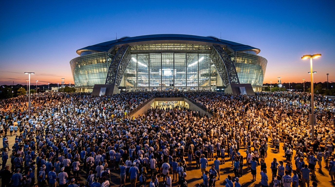 Argentina fans in Albiceleste jerseys celebrating at World Cup 2026 outside a floodlit stadium