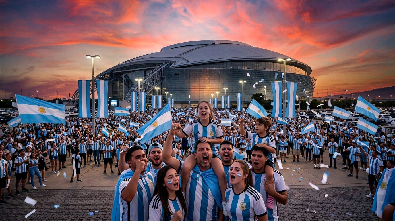 Argentina fans in light blue and white shirts celebrating outside AT&T Stadium in Arlington Texas under the World Cup 2026 banner at night