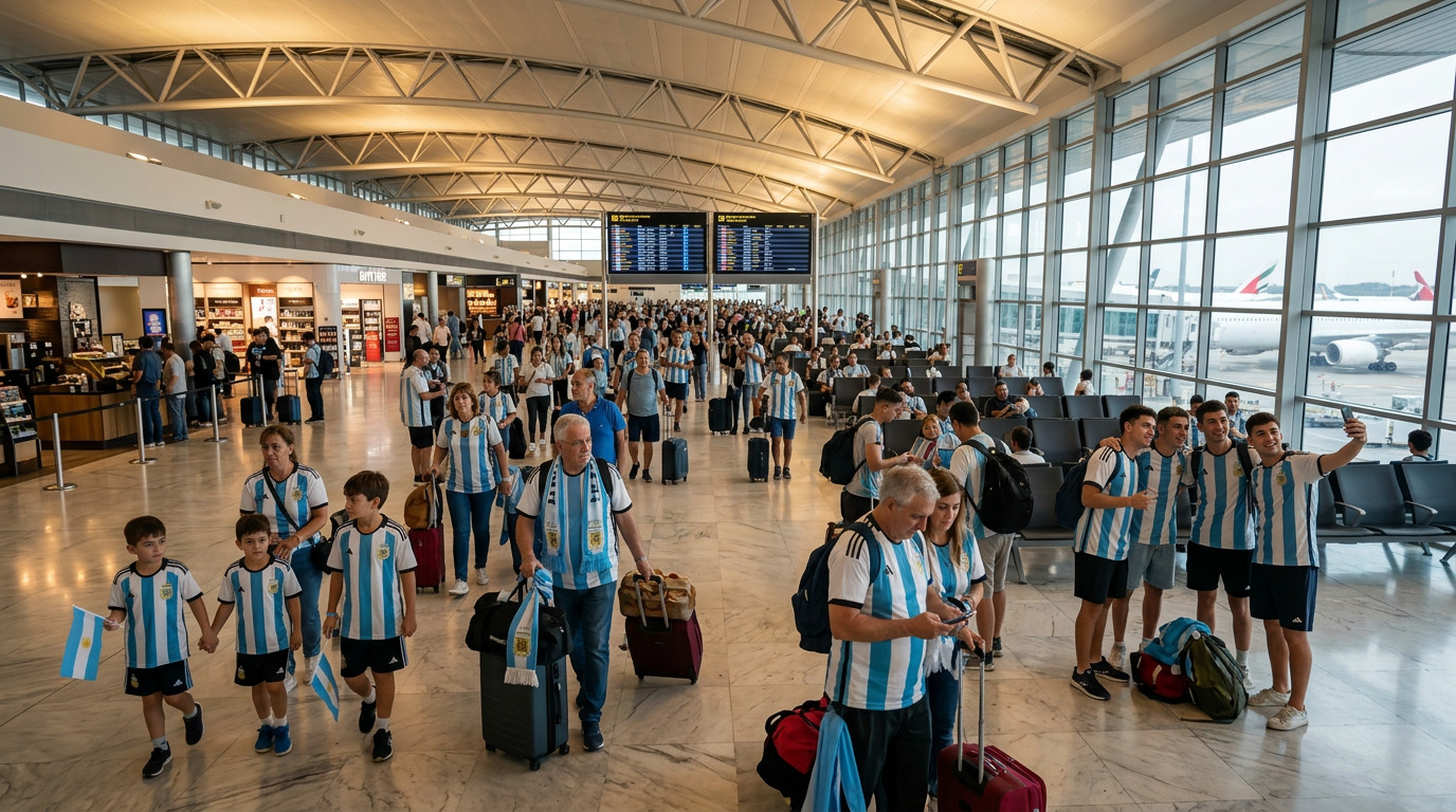 Argentina football fans in light blue and white shirts at an international airport departure gate, bags packed for the USA World Cup 2026