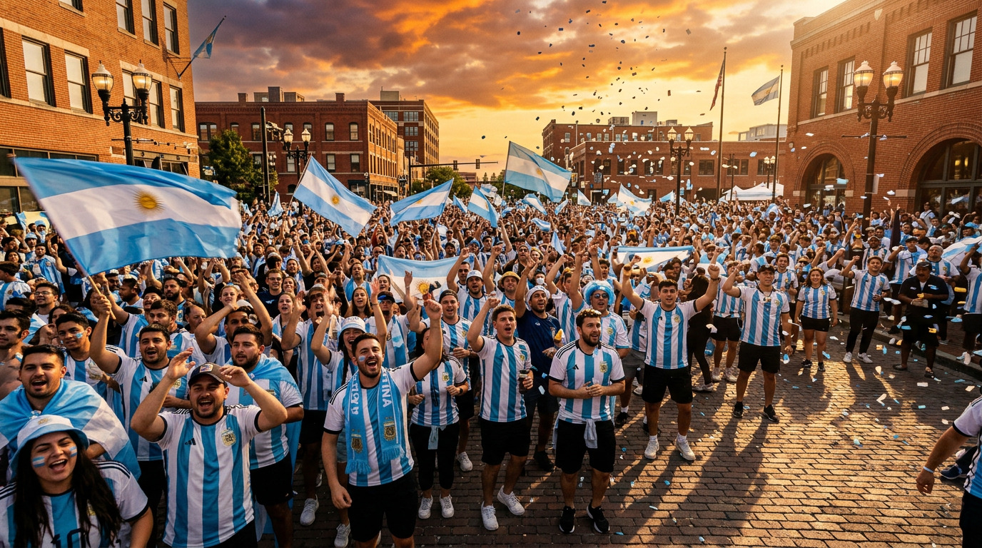 Argentina fans in light blue and white shirts celebrating in front of the Kansas City skyline with the World Cup 2026 host city backdrop