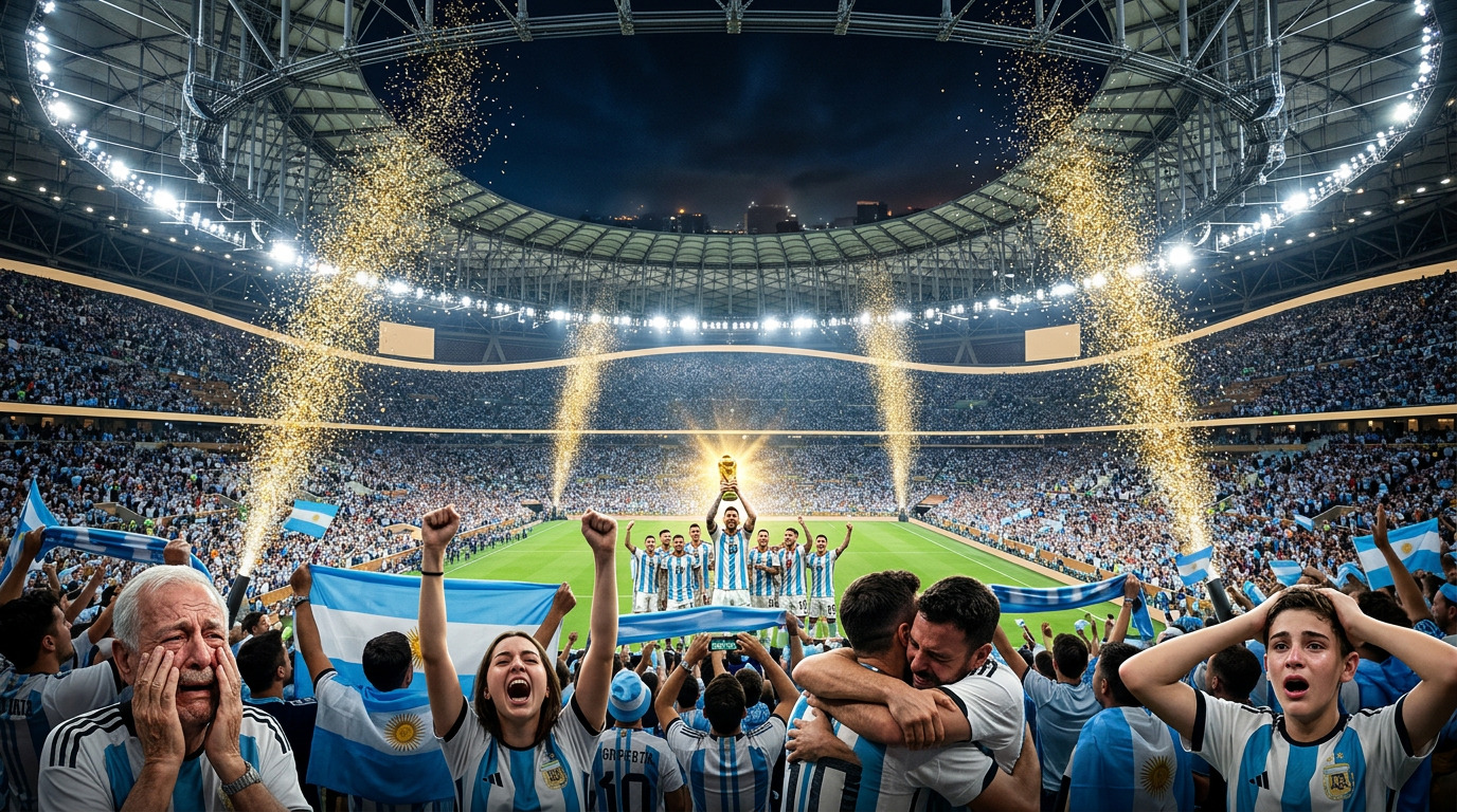 Argentina fans in light blue and white shirts erupting in celebration at MetLife Stadium — fourth star Argentina World Cup 2026 Final