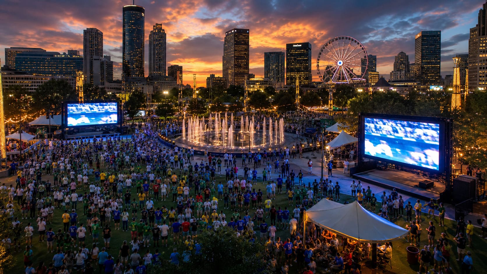 FIFA Fan Festival Atlanta 2026 at Centennial Olympic Park — giant LED screens, fans in national jerseys, Atlanta skyline and the Fountain of Rings lit up at dusk