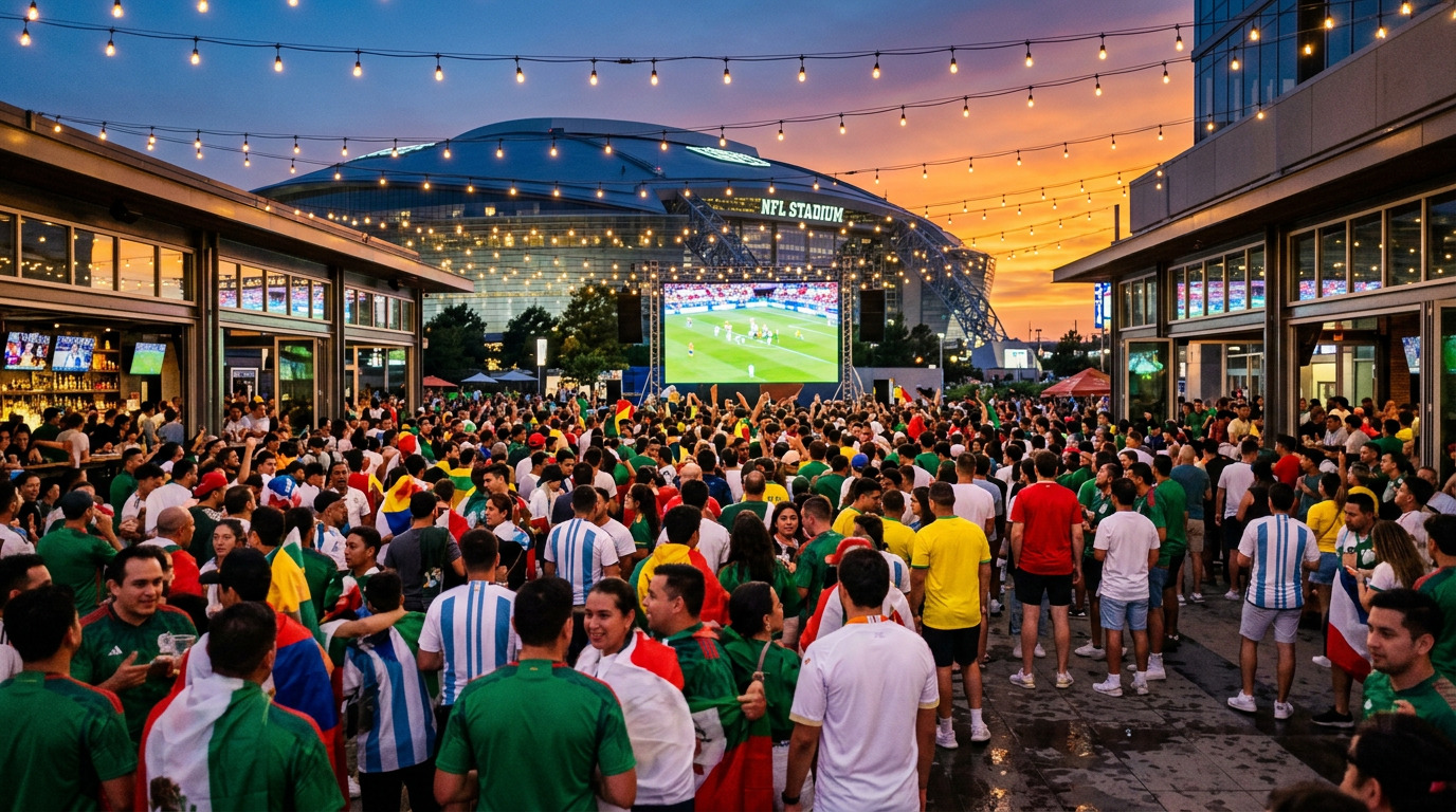 Texas Live! entertainment complex at night with World Cup fans outside AT&T Stadium Arlington Texas