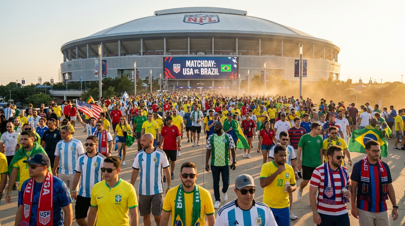 World Cup 2026 fans walking toward AT&T Stadium Arlington in World Cup colours on match day afternoon