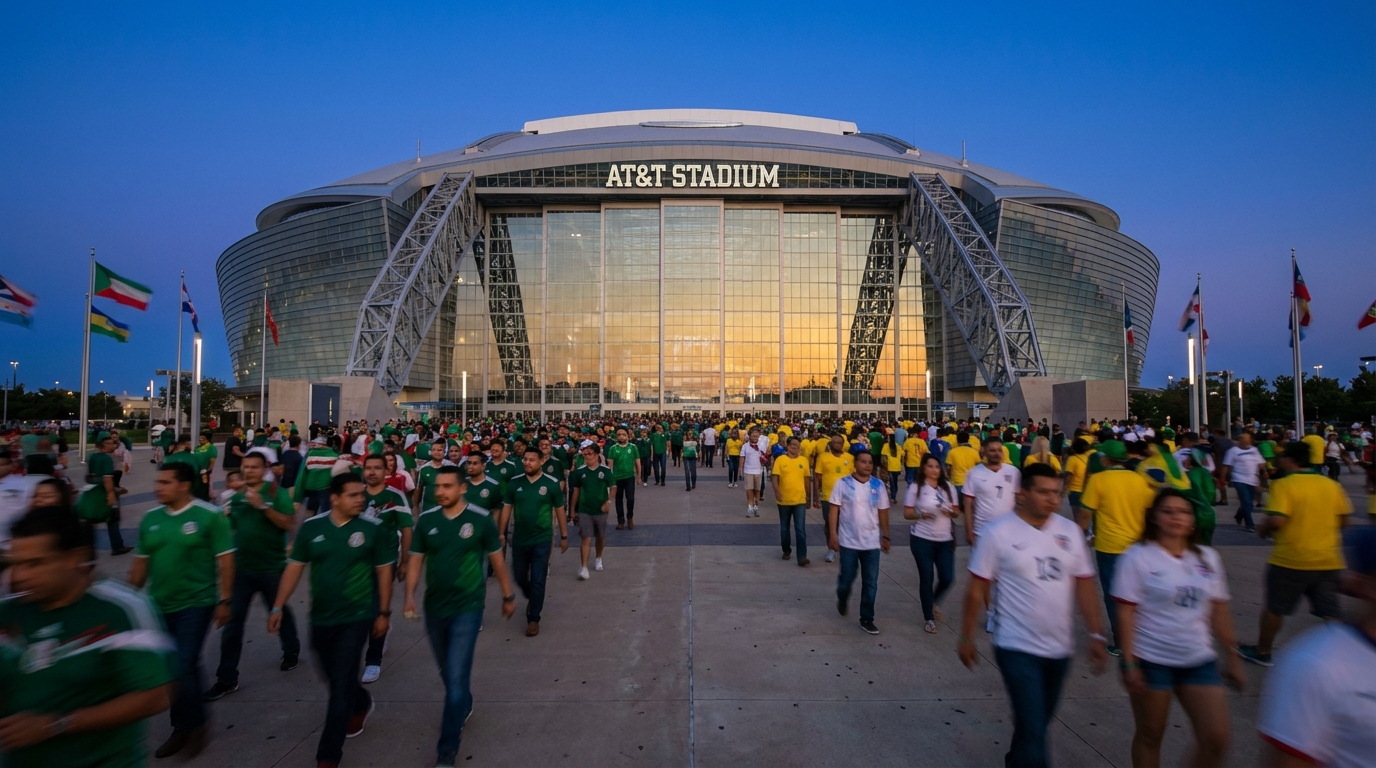 AT&T Stadium Arlington Texas exterior on World Cup 2026 match day with fans approaching on foot