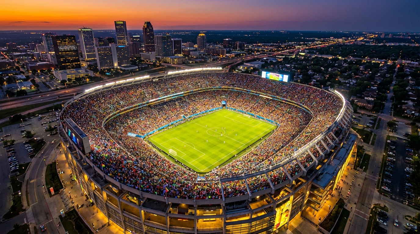 World Cup 2026 schedule and fixtures — packed stadium at night with fans celebrating under floodlights