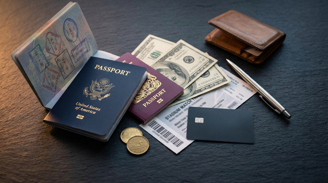 World Cup 2026 fan planning trip budget with ticket, hotel, and flight costs on a table