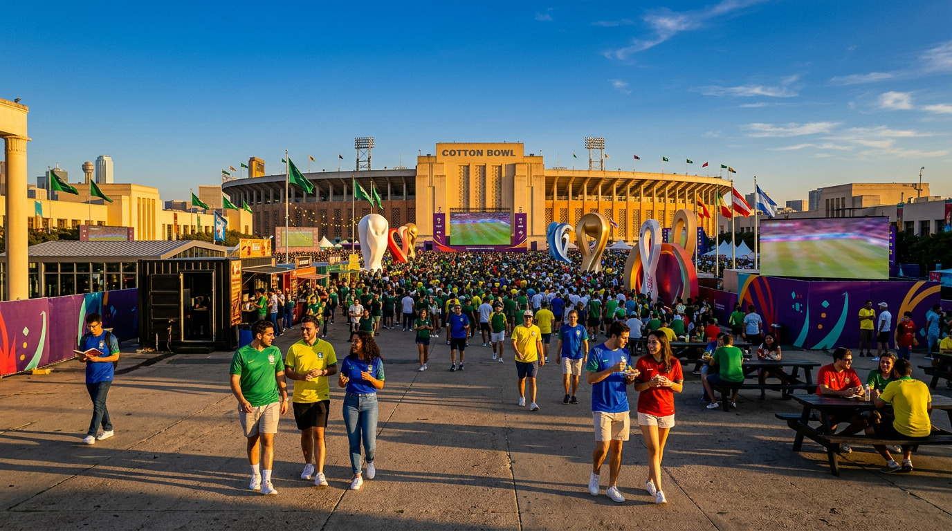FIFA Fan Festival Dallas 2026 at Fair Park — aerial view showing LED screens, fan crowds and Cotton Bowl stadium in background