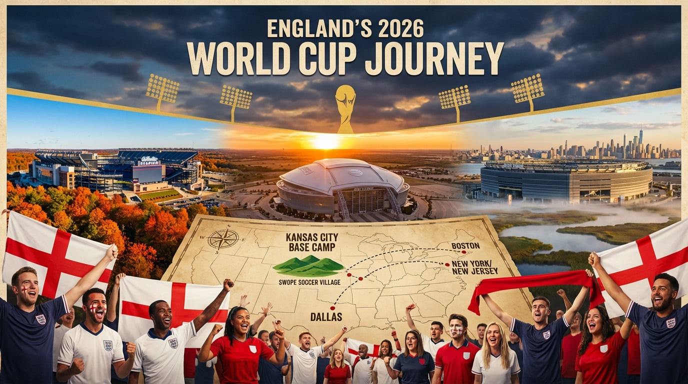 England fans in white shirts celebrating at World Cup 2026 outside a floodlit stadium in the USA