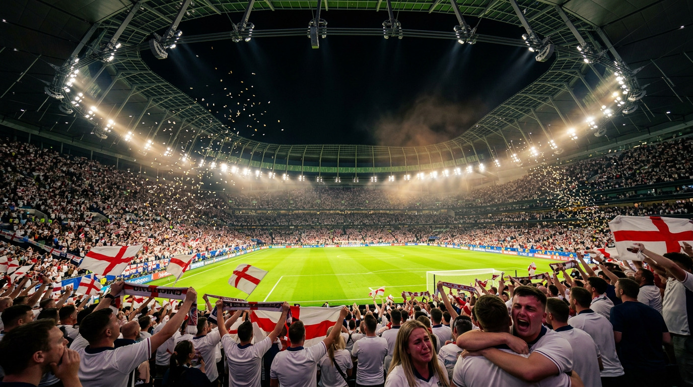 England football fans celebrating a knockout stage victory, waving St George's Cross flags inside a packed World Cup stadium at night