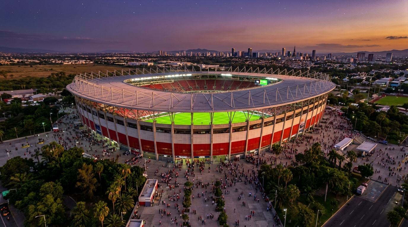 Estadio Akron exterior in Guadalajara Mexico at dusk with red and white Chivas colours on match day