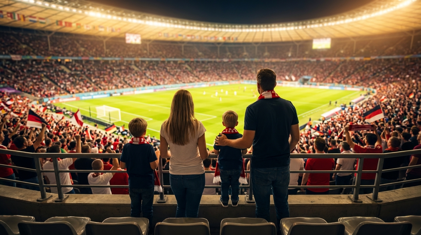 Family with children wearing football scarves at a major stadium for World Cup 2026