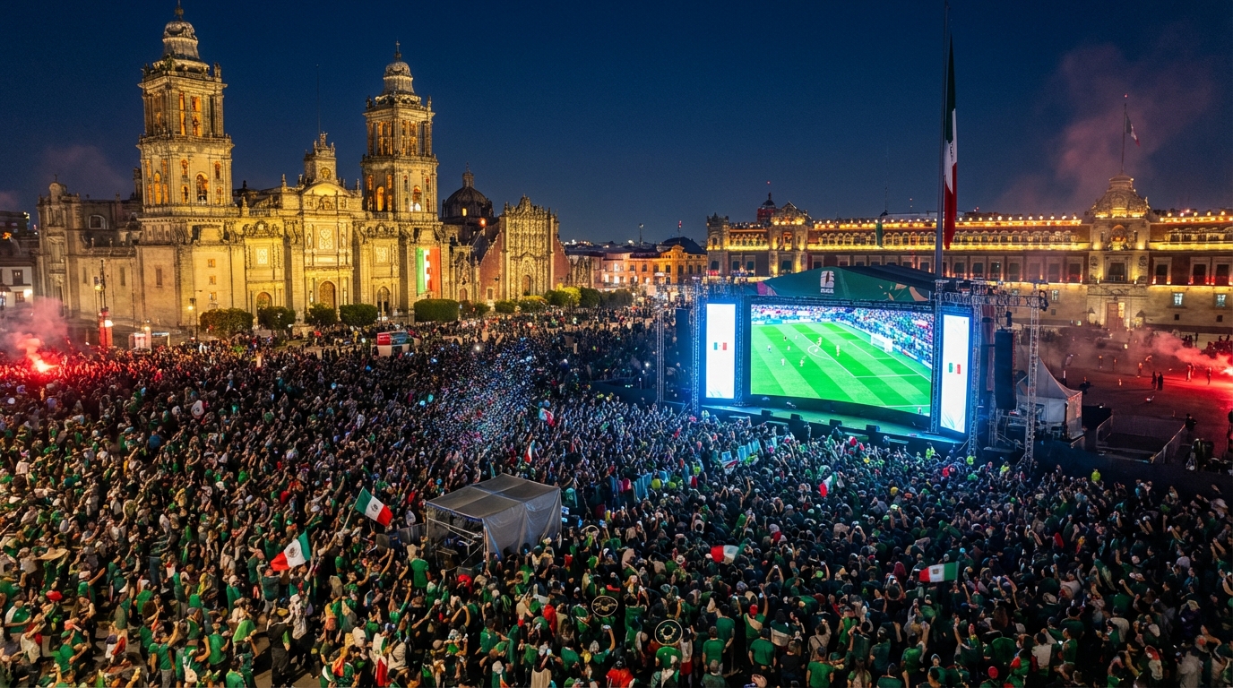 Thousands of Mexican football fans celebrating at an outdoor fan zone in Mexico City Zocalo plaza at night
