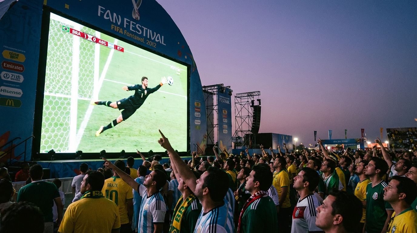 FIFA Fan Festival big screen showing a World Cup 2026 match with a dense crowd of fans watching outdoors