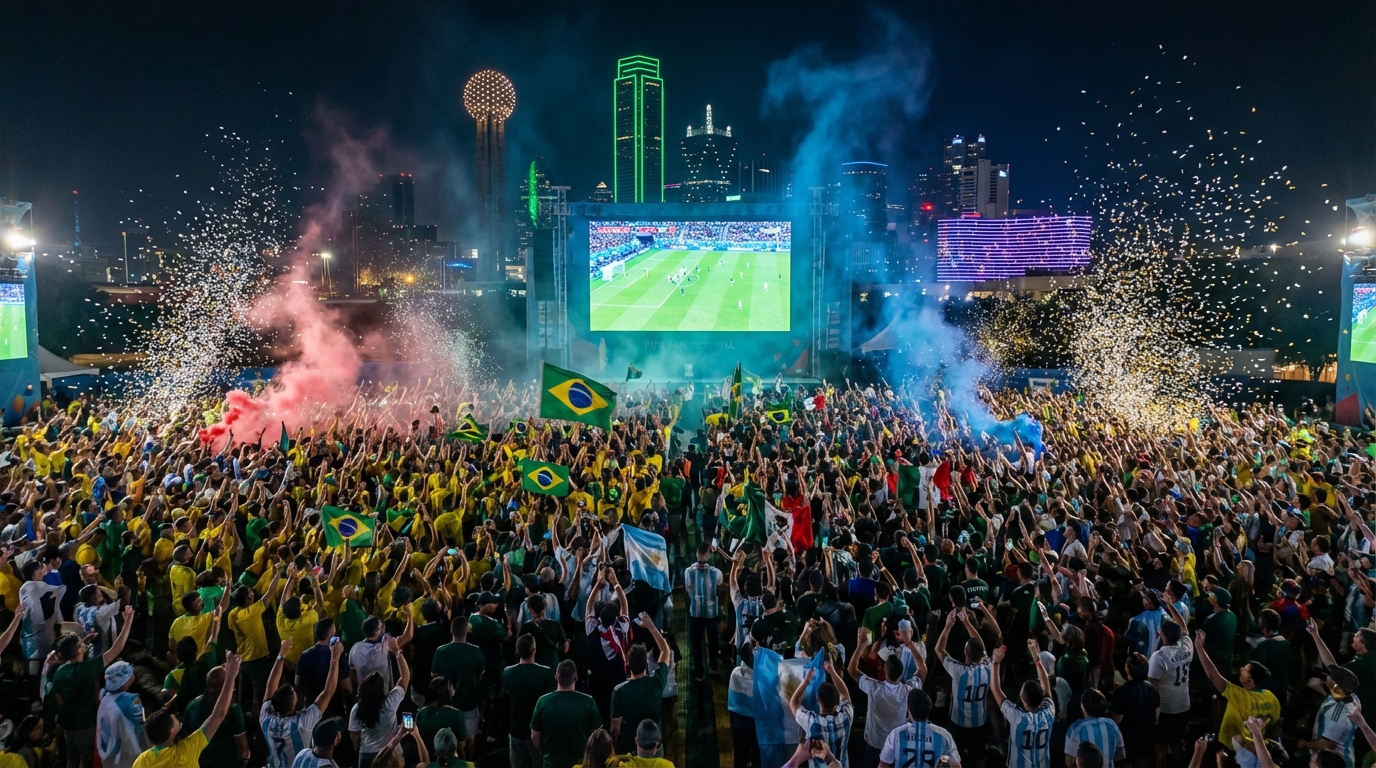 World Cup 2026 FIFA Fan Festival with thousands of fans watching a giant screen in a city plaza at night