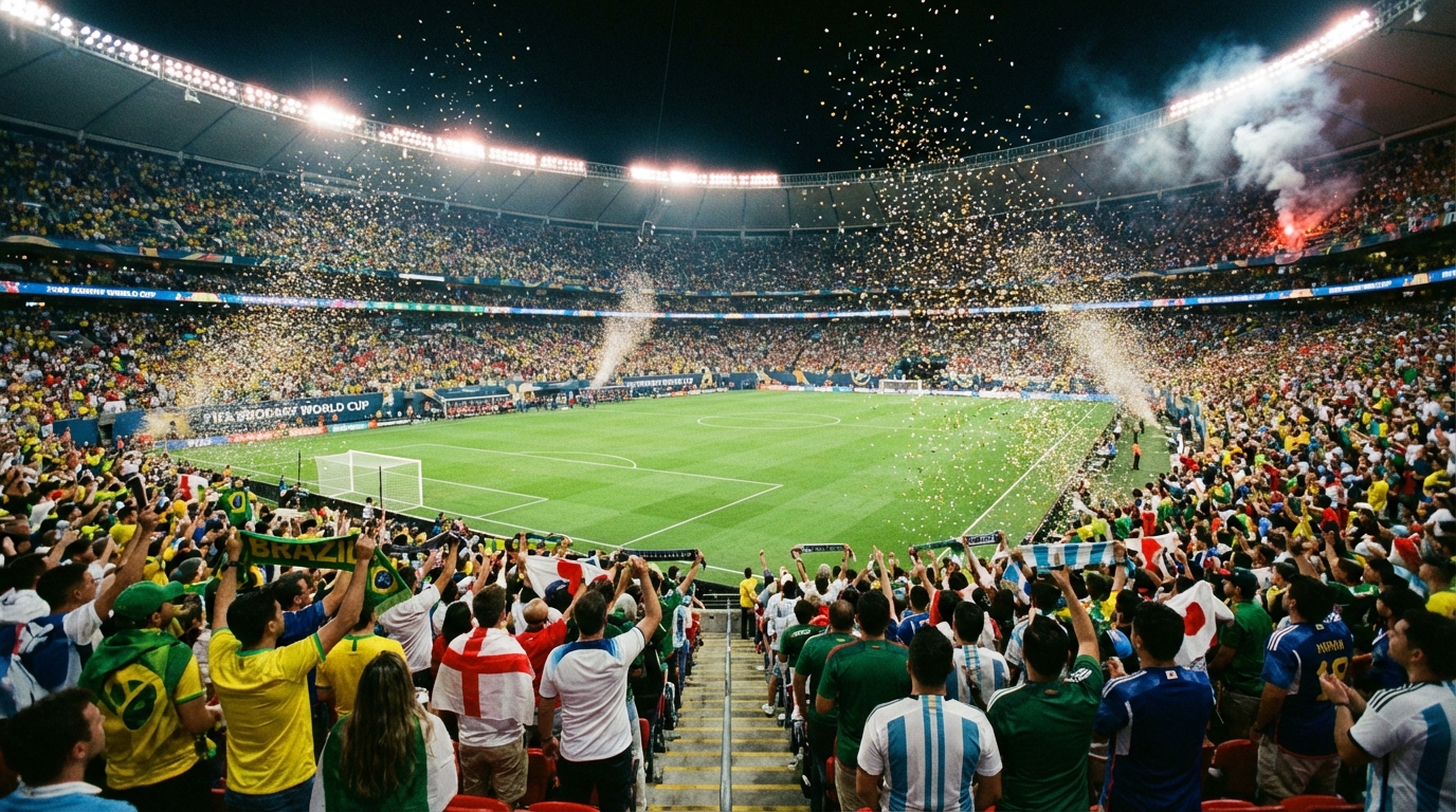 First-time World Cup 2026 fans from multiple nations cheering together inside a packed floodlit stadium in the USA