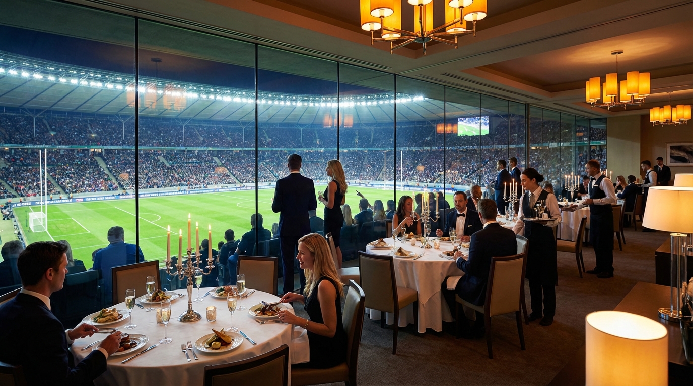 Luxury VIP hospitality lounge at a major sports stadium with premium dining, champagne service and stadium views through floor-to-ceiling glass