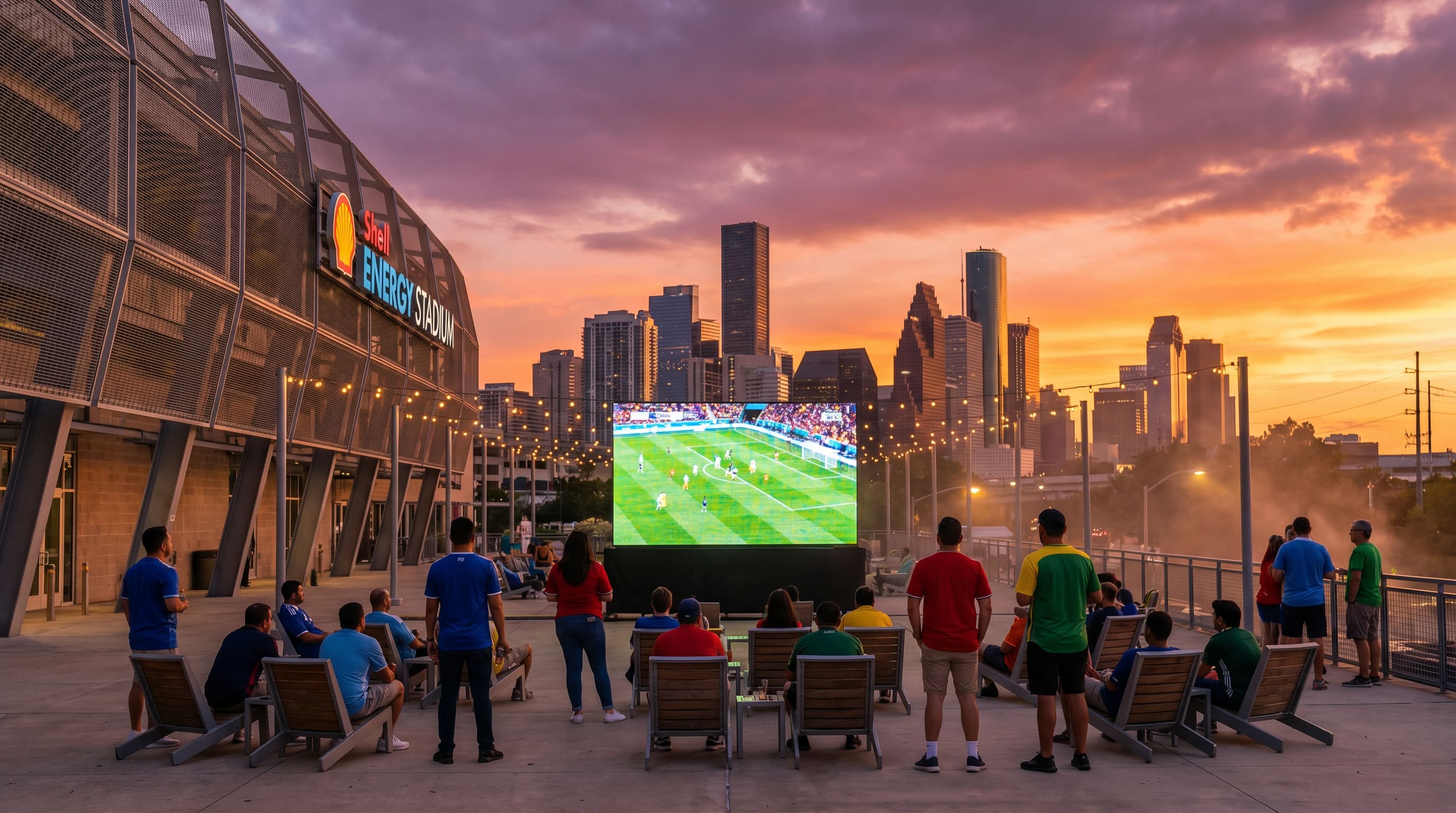FIFA Fan Festival Houston 2026 in EaDo — giant LED screens, fan crowds and Shell Energy Stadium in background on a summer evening