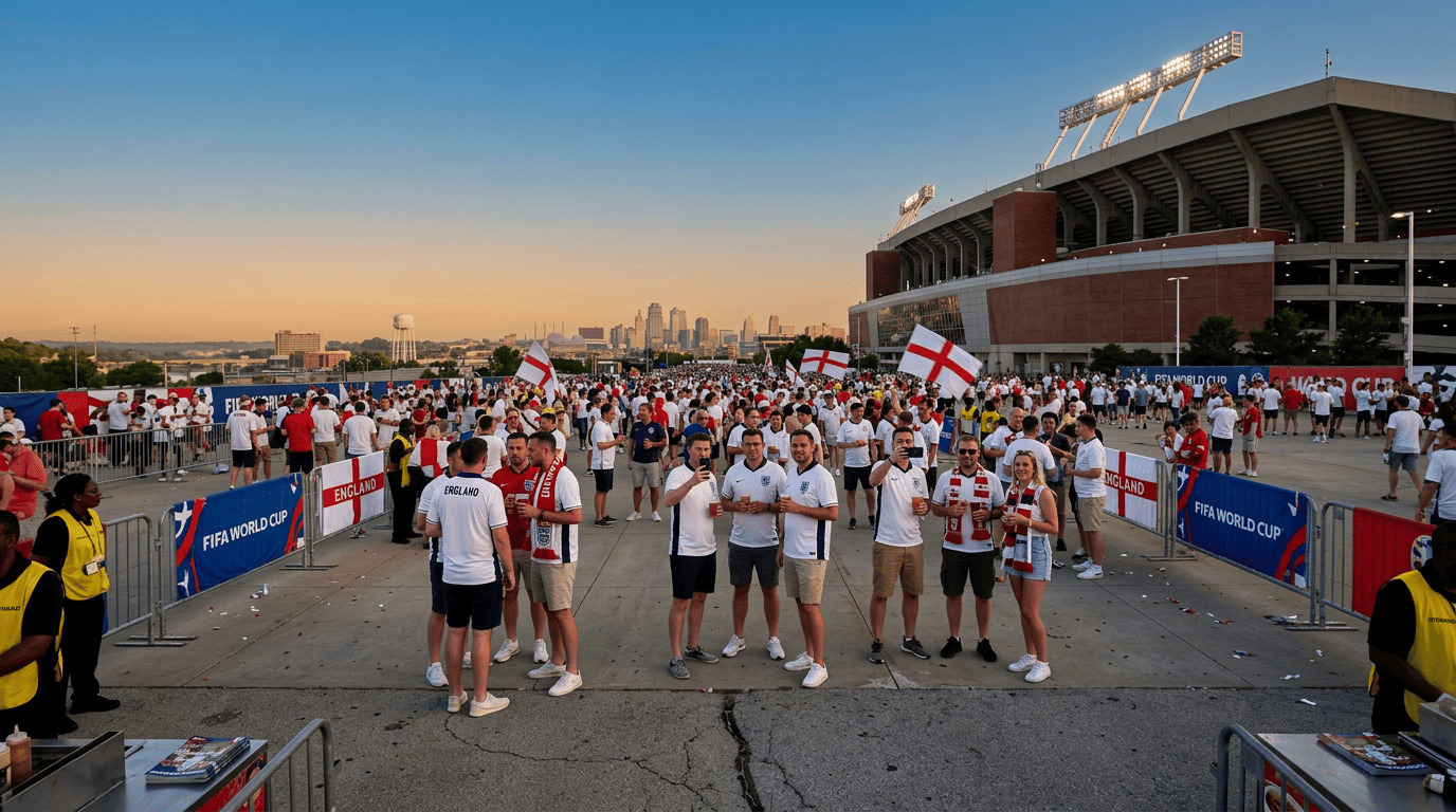 England football fans in white shirts celebrating outside Arrowhead Stadium, Kansas City, with a World Cup 2026 banner