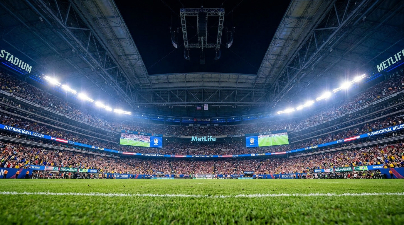 MetLife Stadium interior showing the full three-tier seating bowl from pitch level during a major soccer event