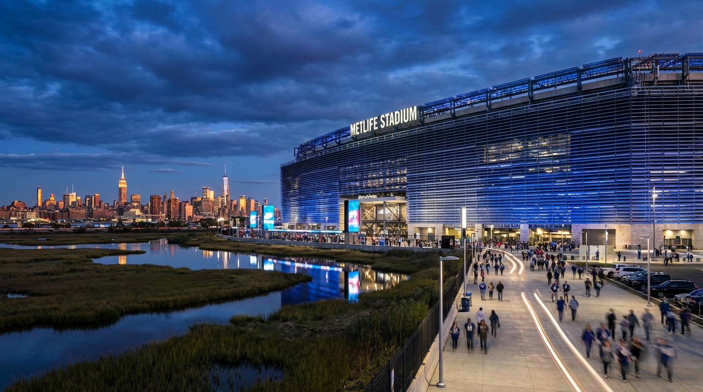 MetLife Stadium exterior in East Rutherford, New Jersey — host of the 2026 FIFA World Cup Final