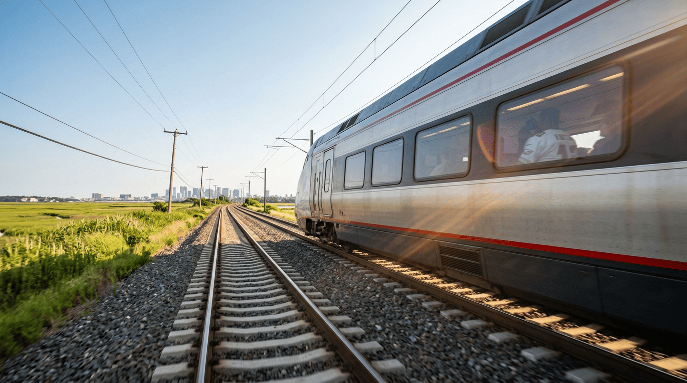 Amtrak Acela high-speed train on the Northeast Corridor with Boston skyline in the background