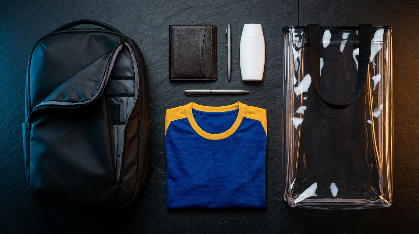 Open travel backpack with passport, clear stadium bag, sunscreen, and team jersey laid out for World Cup 2026 packing