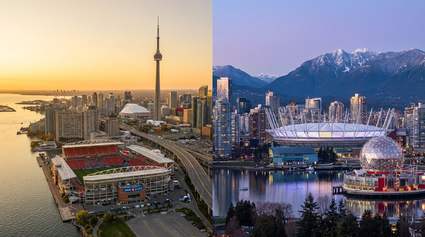 Vancouver skyline with BC Place stadium dome visible beside False Creek — World Cup 2026 host city