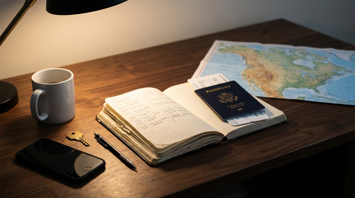 Travel planning notebook with passport, flight tickets, and a World Cup 2026 checklist on a desk