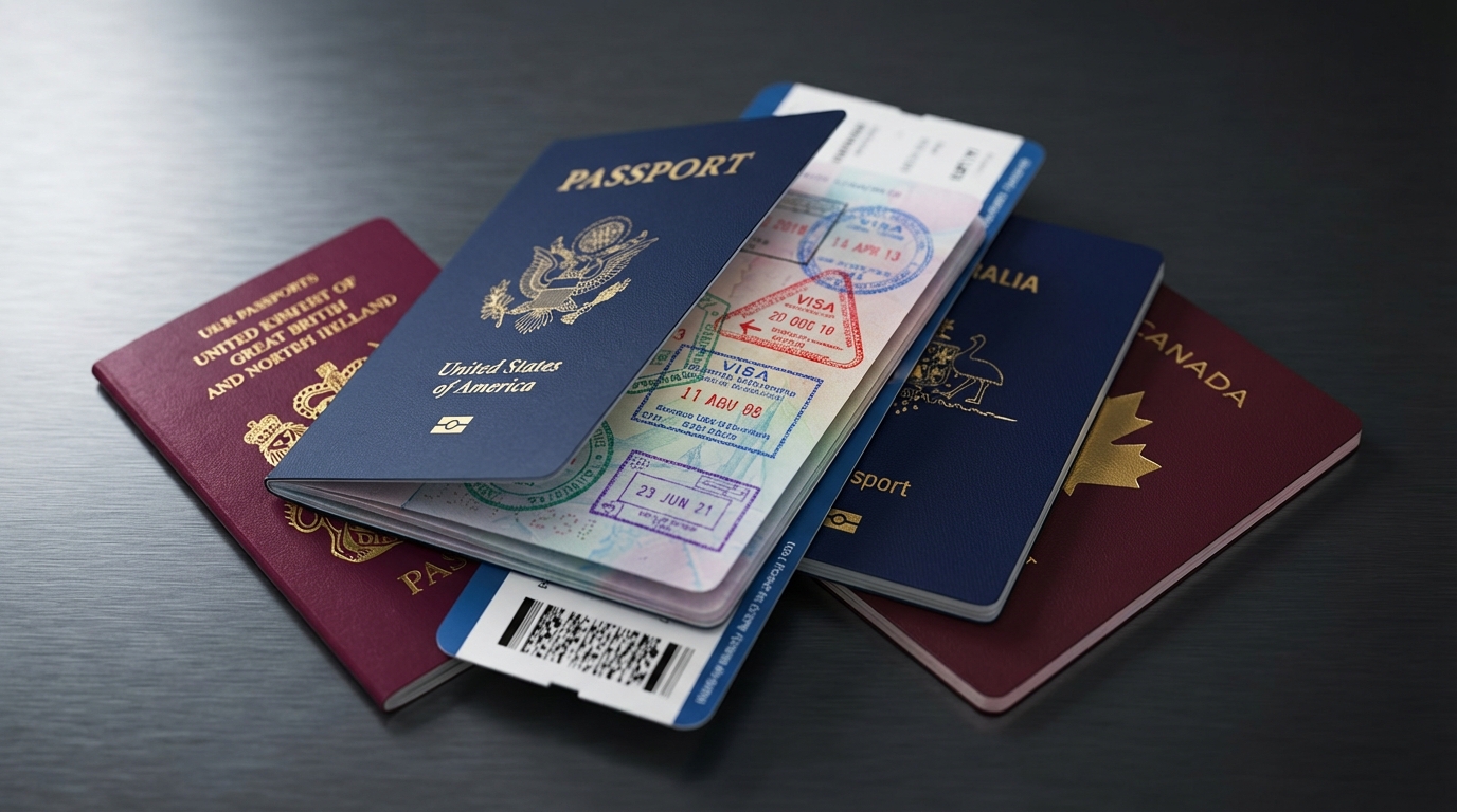 Diverse group of international football fans holding passports and World Cup tickets at a US airport immigration checkpoint ahead of the 2026 FIFA World Cup